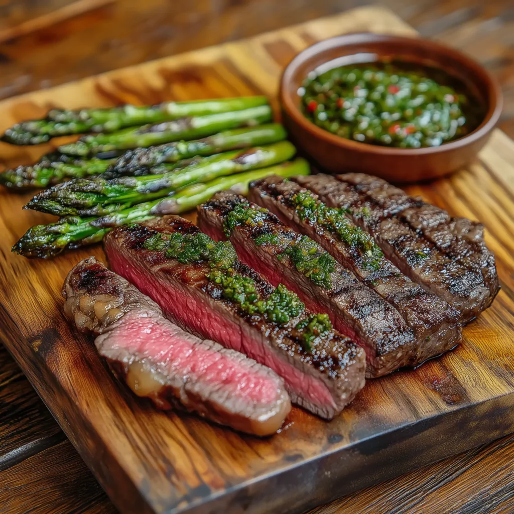 succulent-beef-flat-iron-steak-grilled-with-a-perfect-char-and-served-sliced-on-a-wooden-board-The-steak-is-paired-with-a-side-of-grilled-asparagus