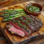 succulent beef flat iron steak, grilled with a perfect char and served sliced on a wooden board, The steak is paired with a side of grilled asparagus and a small bowl of chimichurri sauce