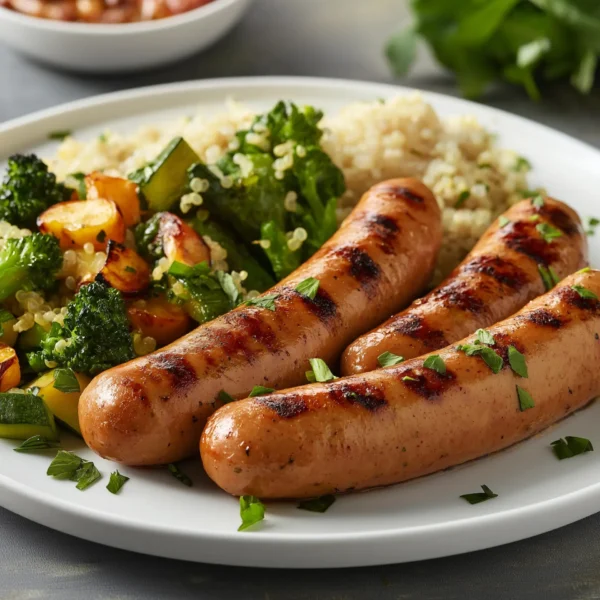 Healthy turkey sausages served with vegetables, lean and tasty UK sausages