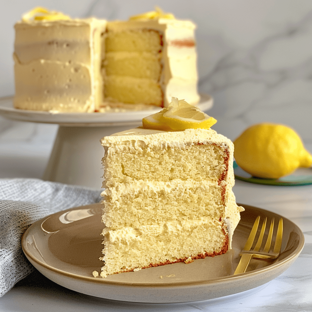 A slice of three-layer lemon cake is placed on a beige plate, topped with a lemon slice garnish. The cake has a soft, moist texture with a thick layer of lemon frosting between each layer and covering the cake. In the background, the remaining cake sits on a white cake stand, partially sliced to reveal the light and fluffy interior. A fresh lemon is placed on a plate in the background, enhancing the bright, citrusy theme of the dessert. The overall setting is simple and elegant, with a neutral-toned background and soft lighting.