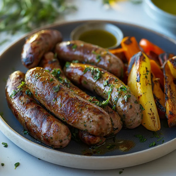 Beef and herb sausages with roasted vegetables