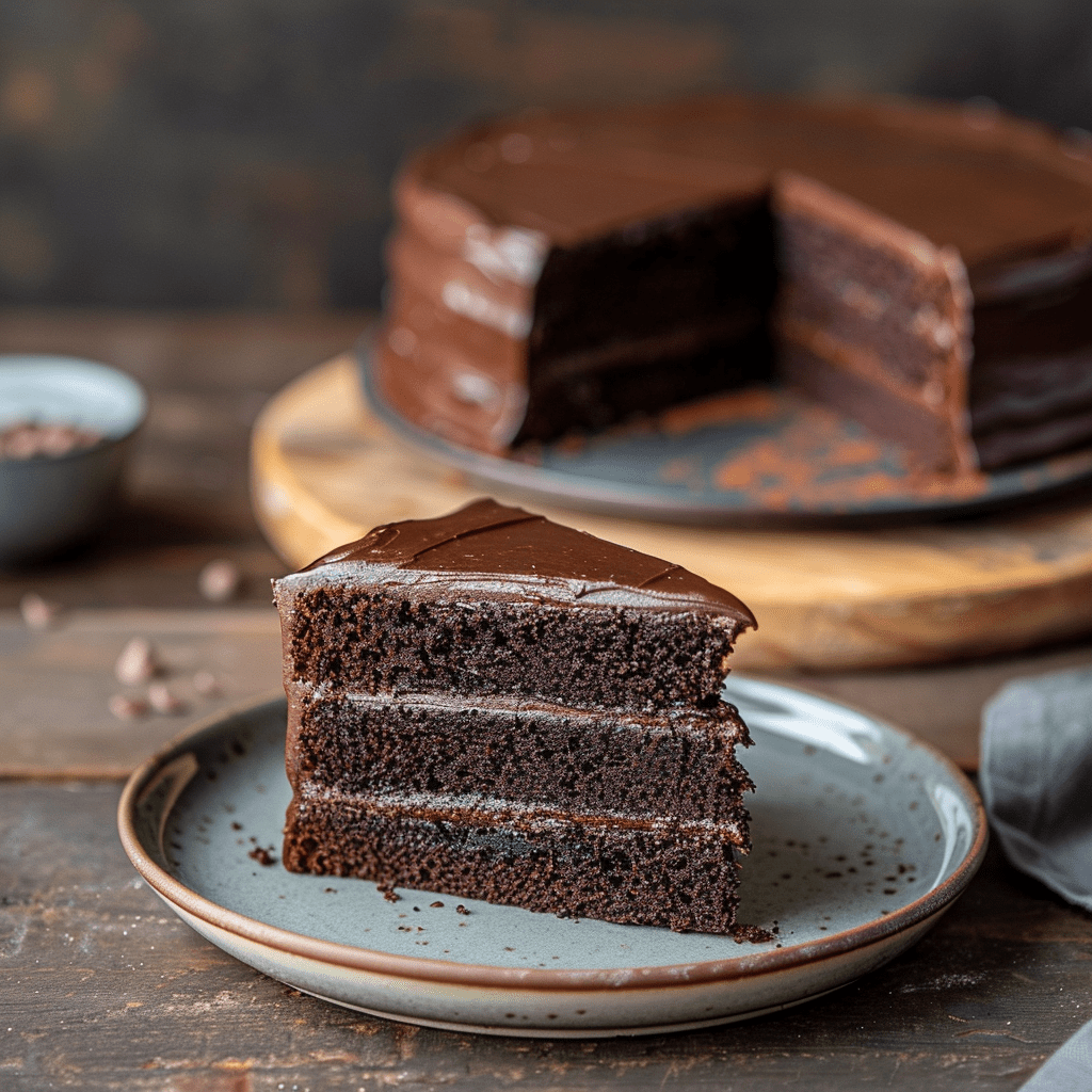 A slice of rich, three-layer chocolate fudge cake sits on a rustic, gray plate. The cake features moist, dark chocolate sponge layers with smooth, glossy chocolate frosting between each layer and on top. In the background, the remaining cake, which has a missing slice, rests on a wooden cake stand. The deep, rich chocolate tones of the cake contrast with the warm, rustic wooden table and soft lighting, creating a cozy and indulgent atmosphere. Small chocolate pieces are scattered subtly in the background, enhancing the chocolate theme.