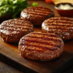 Four juicy beef burger patties, grilled to perfection with visible char marks