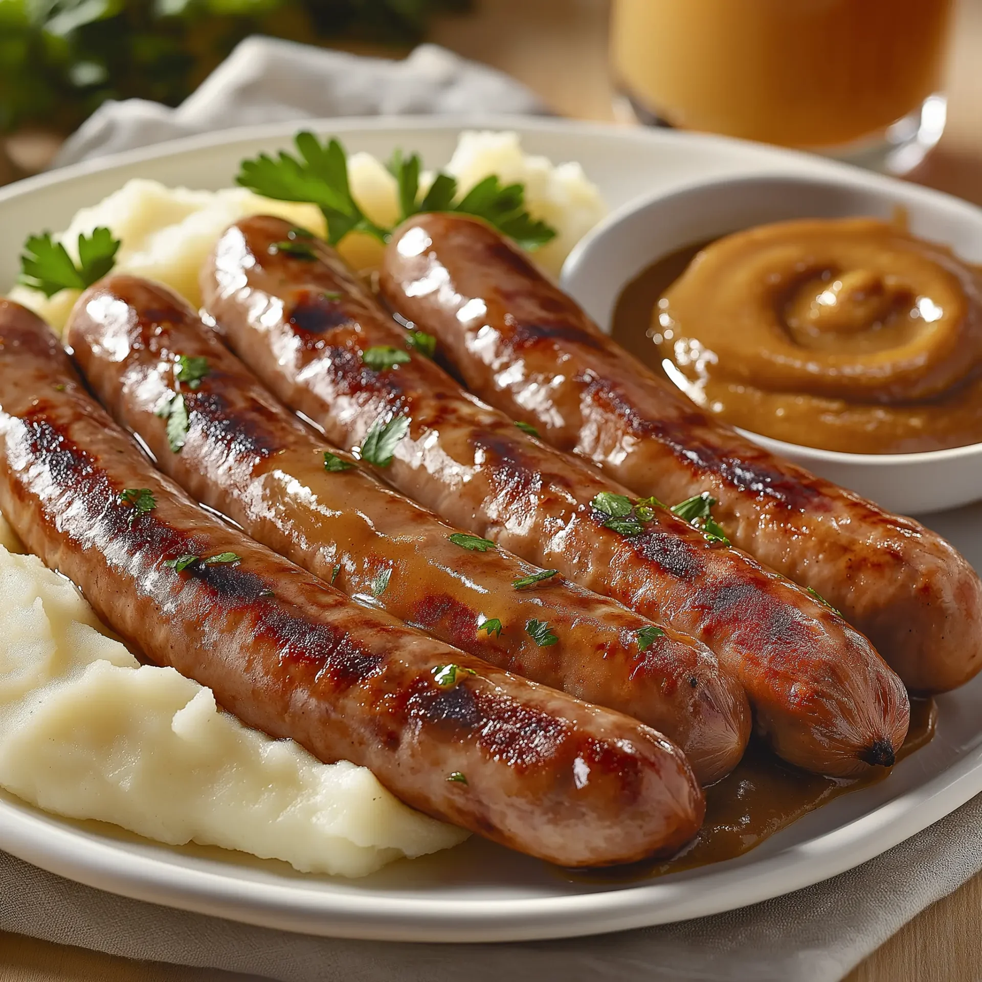 Thin pork chipolatas sausages grilled to a golden-brown, served with creamy mashed potatoes and rich gravy on a white ceramic plate, garnished with fresh parsley, on a brightly lit wooden table.