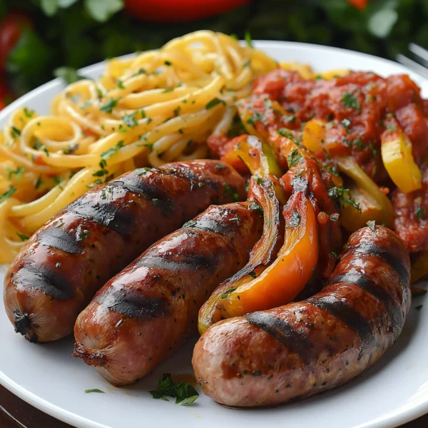 Italian sausages served with pasta