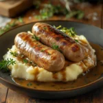 Premium pork sausages served with mashed potatoes and gravy, UK-based artisanal sausages