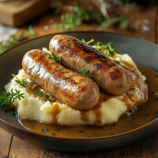 Premium pork sausages served with mashed potatoes and gravy