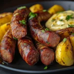 Smoky chorizo sausages with roasted potatoes, UK favourite with Spanish influence