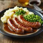 Traditional British sausages served with mashed potatoes, UK comfort food