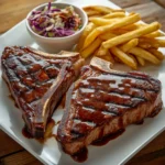 Two beef T-bone steaks, glazed with a sticky, sweet, and smoky BBQ sauce, grilled to a perfect char and served on a white plate with a side of coleslaw and crispy fries