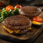 Two juicy beef burger patties, grilled to perfection with visible char marks