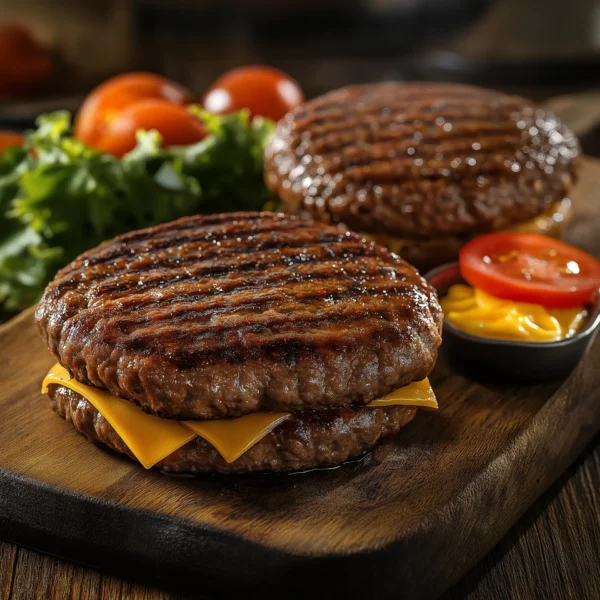 Two juicy beef burger patties, grilled to perfection with visible char marks