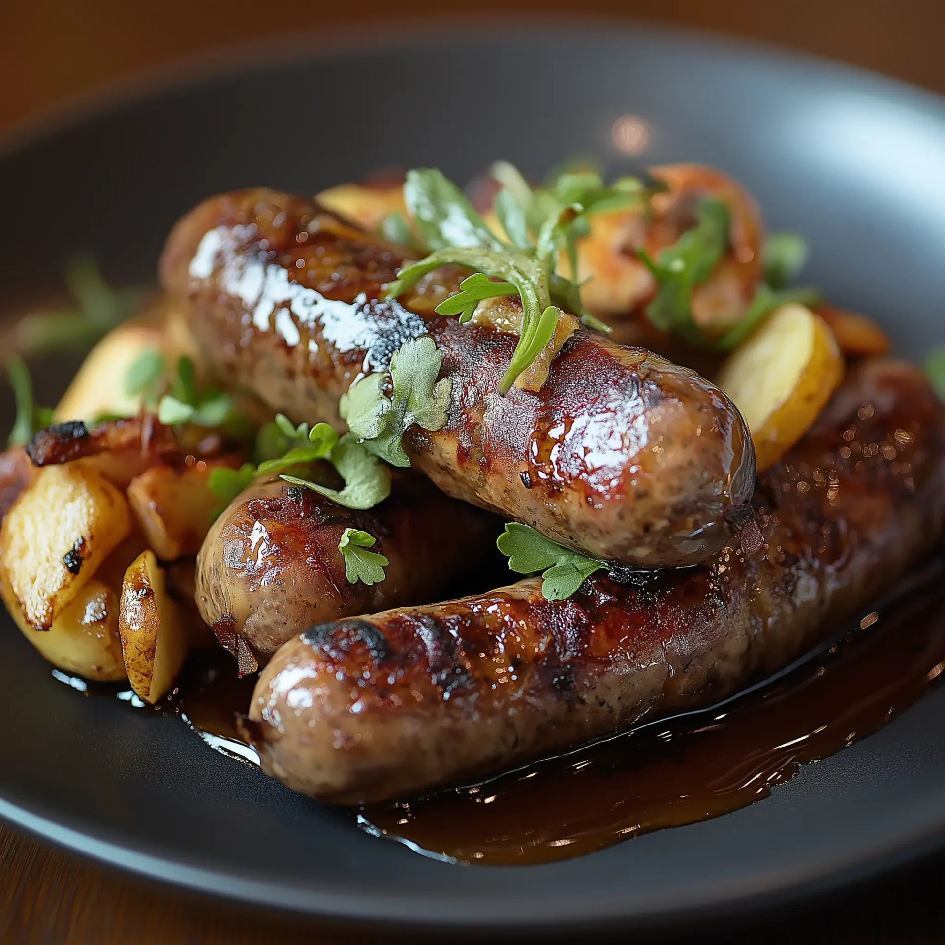 Wild boar and apple sausages served with roasted apples, UK gourmet sausages.webp