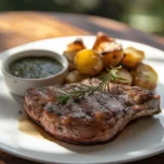 beautifully grilled lamb leg steak, juicy and tender, served with a side of mint sauce and roasted potatoes on a white plate, The steak is garnished with fresh rosemary