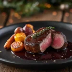 beautifully seared venison haunch steak, served on a dark rustic plate with a side of roasted root vegetables and a rich red wine reduction