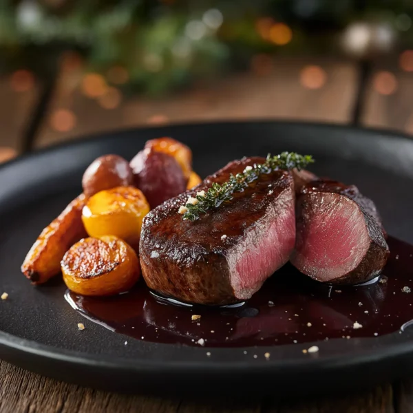 beautifully seared venison haunch steak