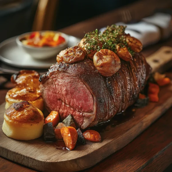 beef sirloin joint, cooked to a perfect medium-rare with a crispy, seasoned crust, served on a wooden board with a side of Yorkshire puddings and roasted vegetables.webp