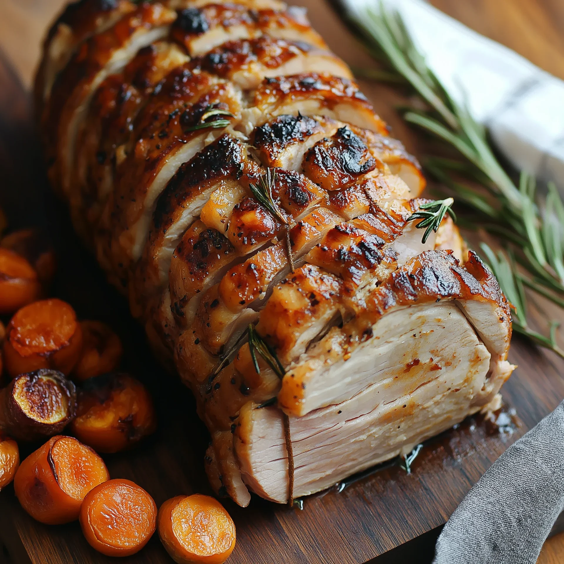 boneless pork loin, rolled and tied with butcher's twine, roasted to a perfect golden-brown