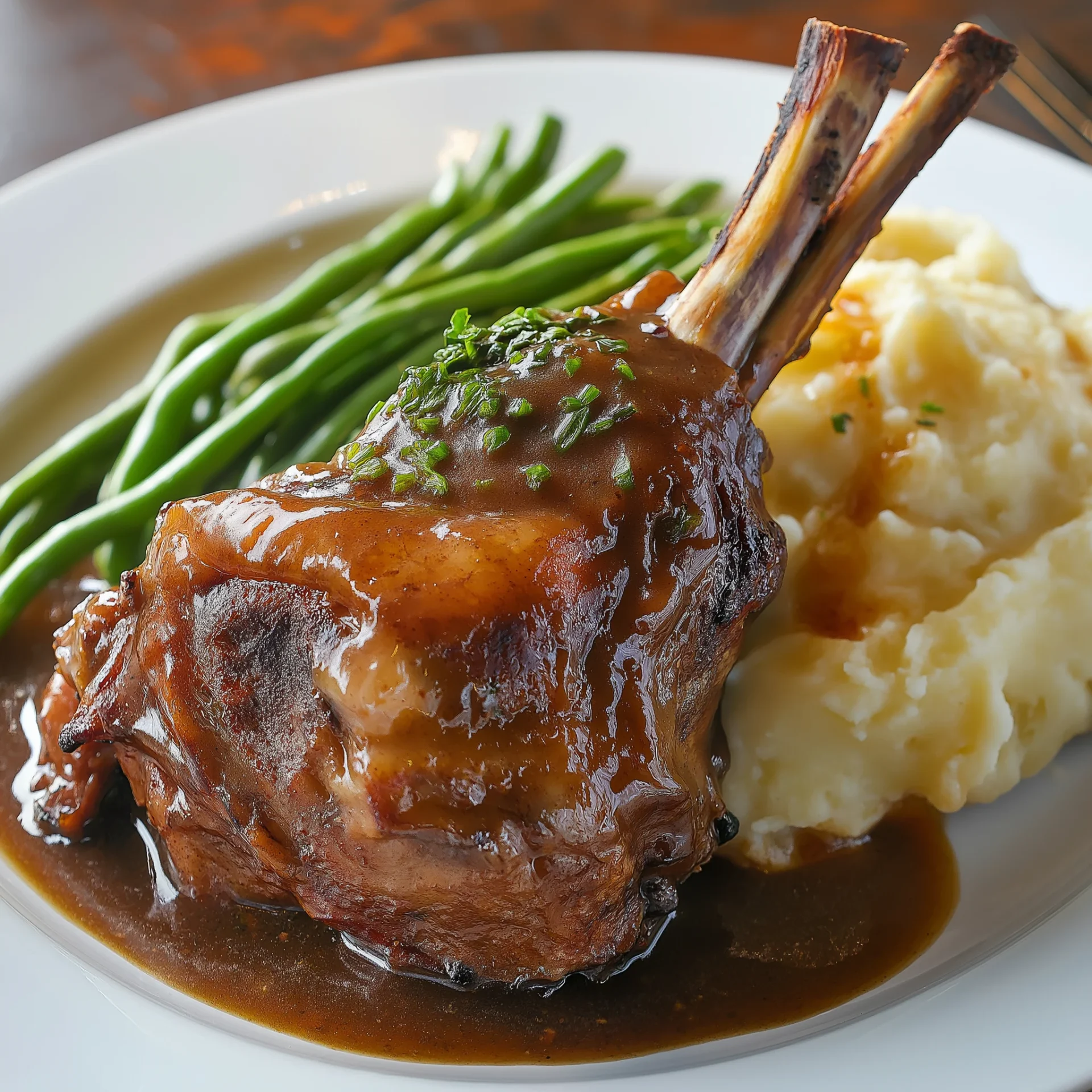 braised lamb shank, cooked to perfection until the meat is tender and falling off the bone, served on a white plate with a side of creamy mashed potatoes and sautéed green beans