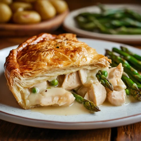 freshly baked chicken and asparagus pie with golden