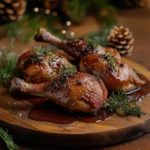 Roasted free-range duck legs with crispy golden skin, garnished with rosemary and thyme, served on a rustic wooden platter with a drizzle of rich sauce