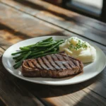 classic rump steak, grilled to a perfect medium-rare with visible char marks, served on a white plate with a side of mashed potatoes and green beans