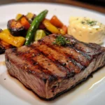 classic sirloin steak, grilled to a medium-rare with visible char marks, served on a white plate with a side of roasted vegetables and a dollop of garlic butter.webp