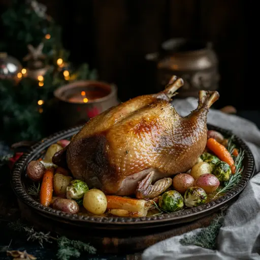 A beautifully roasted whole goose with golden