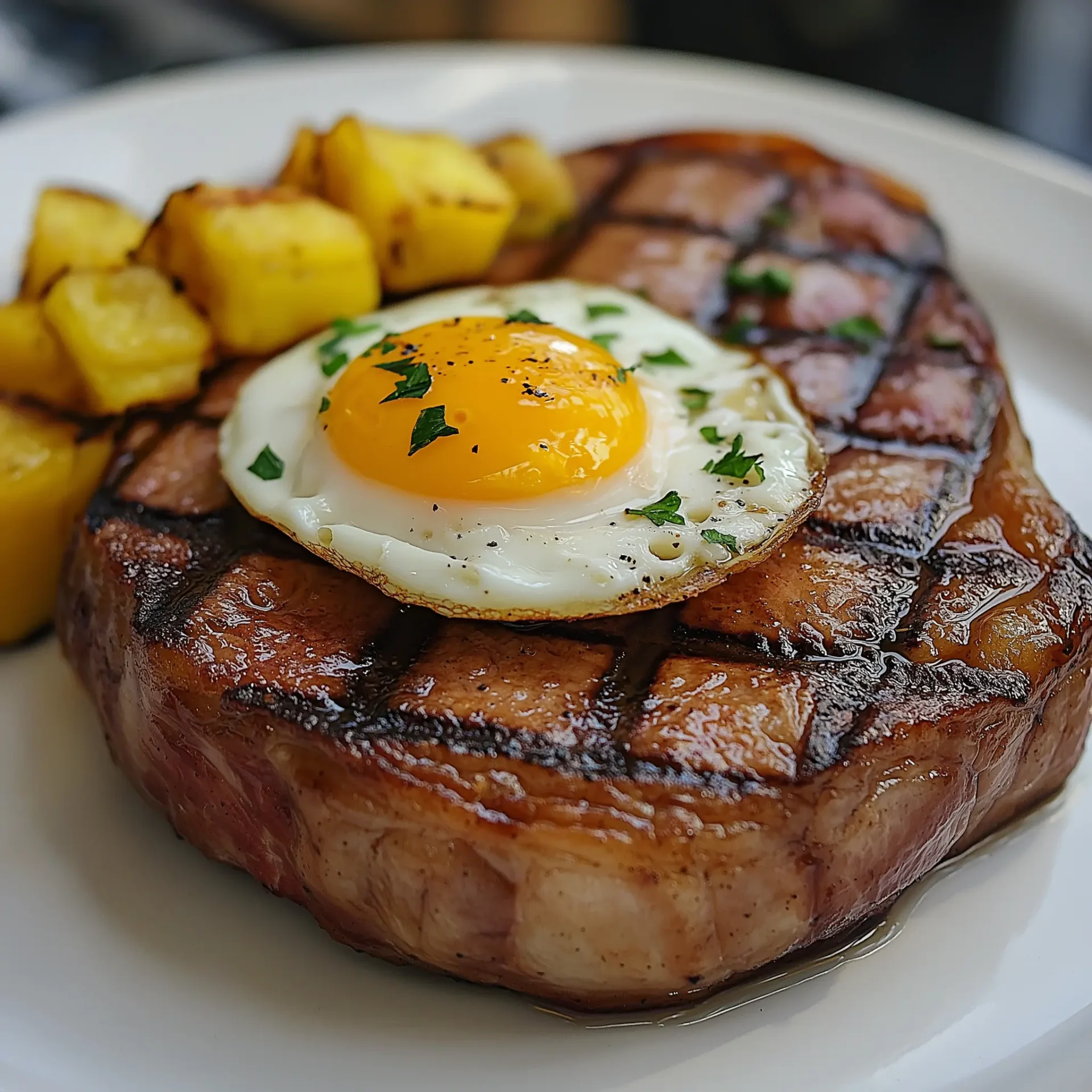 dry-cured gammon steak, grilled to a golden-brown with crispy edges, served on a white plate with a fried egg on top and a side of grilled pineapple.webp