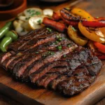 flavourful beef skirt steak, grilled to perfection and sliced against the grain, served with a side of grilled peppers and onions on a rustic wooden board