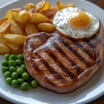 gammon steak, grilled to a perfect golden-brown, served on a white plate with a side of chips, peas, and a fried egg