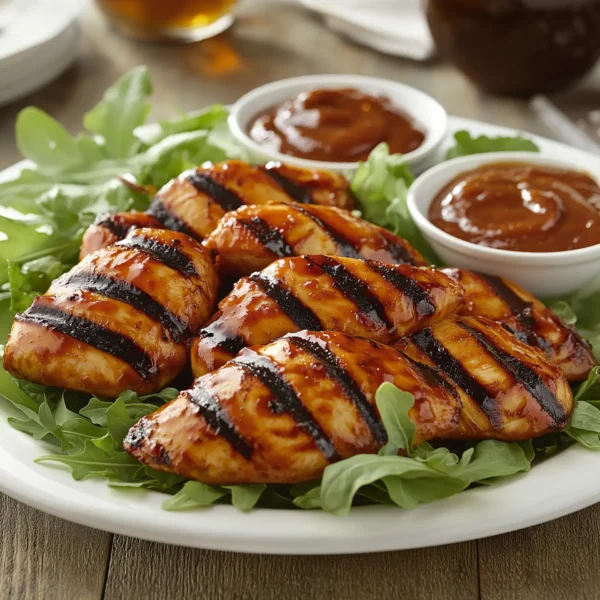 hot and spicy BBQ chicken breast mini fillets, grilled to perfection with a glossy, spicy glaze, served with a side of mixed greens and a tangy dipping sauce