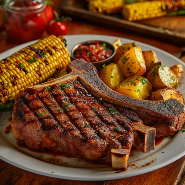 hot and spicy T-bone steaks, grilled to a perfect char with a rich, spicy rub, served with a side of grilled corn and roasted potatoes