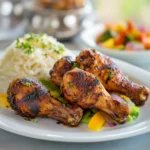 hot and spicy chicken drumsticks, grilled to a golden-brown with a rich, spicy coating, served with a side of rice and steamed vegetables