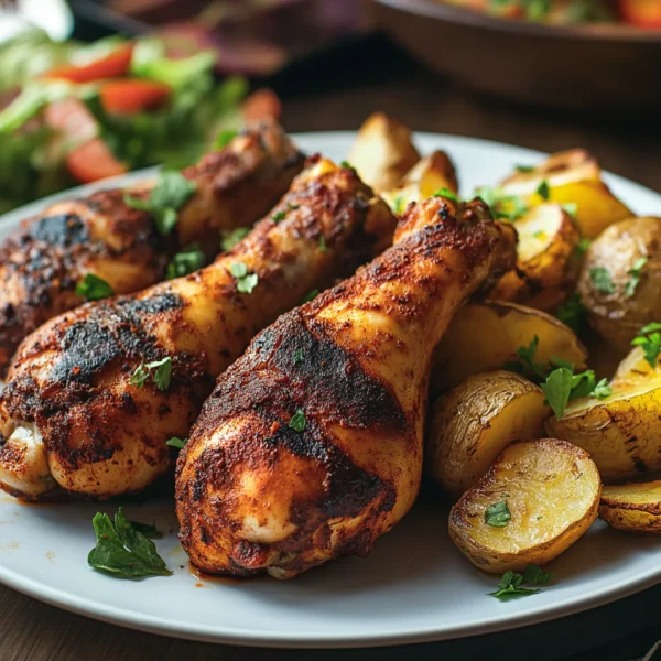 hot and spicy chicken legs, grilled to a deep golden-brown with a spicy rub, served with a side of roasted potatoes and a fresh salad