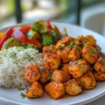 hot and spicy diced chicken breast pieces, cooked to perfection with a fiery red seasoning, served with a side of sauteed vegetables and rice