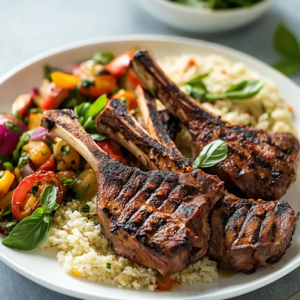 hot and spicy lamb chops, grilled with a rich, spicy rub, served with a side of couscous and roasted vegetables