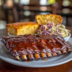 hot and spicy pork ribs, glazed with a thick, spicy barbecue sauce, served with a side of coleslaw and cornbread