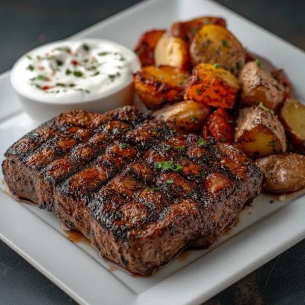 hot and spicy sirloin steak, grilled with a fiery seasoning, served on a white plate with a side of spicy roasted potatoes and a cooling yogurt sauce