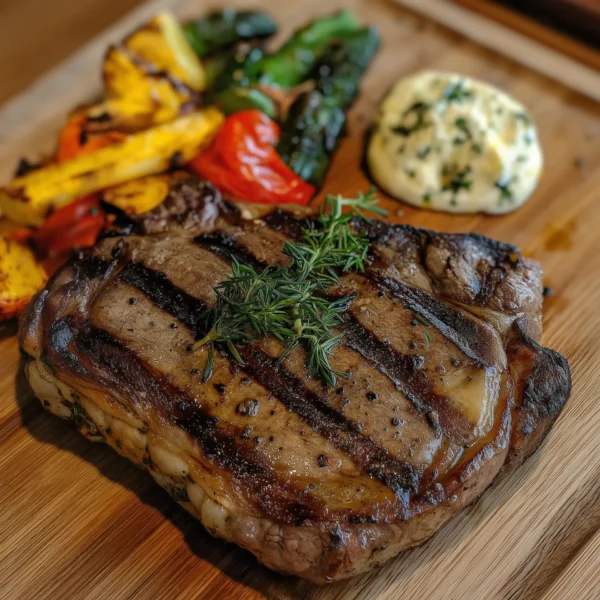 juicy ribeye steak, grilled with a perfect sear and visible marbling, served on a wooden board with a side of grilled vegetables and a dollop of herb butter