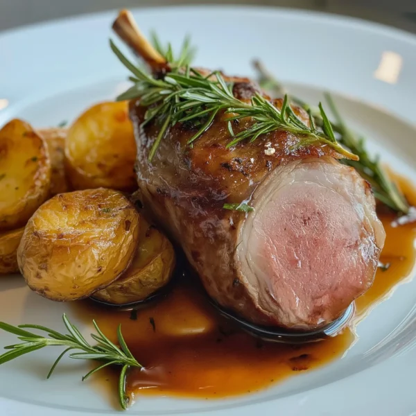 lamb cannon, cooked to a perfect medium-rare with a tender, juicy interior, served on a white plate with a side of roasted potatoes and a drizzle of rosemary-infused jus