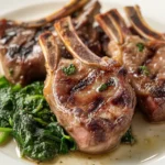 lamb chops, grilled to a golden-brown with visible char marks, arranged on a white plate. The chops are tender and slightly pink inside, served with a side of sautéed spinach and a dollop of mint jelly