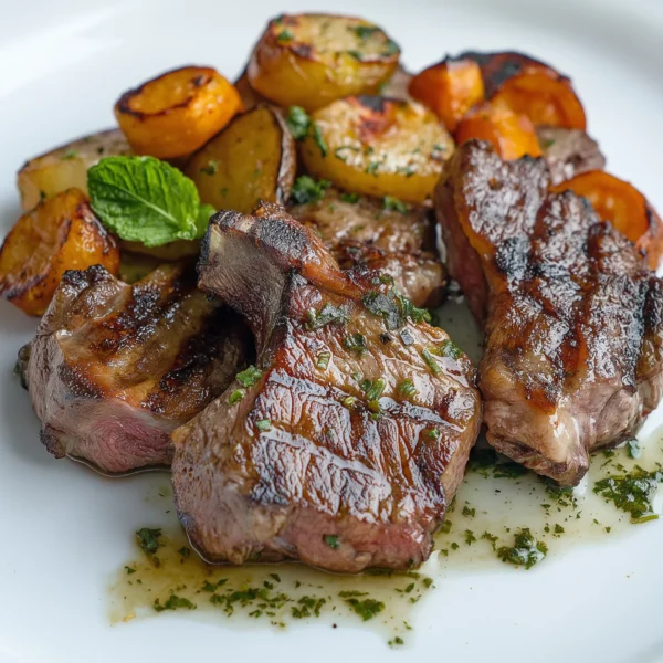 lamb neck fillets, grilled to perfection with a slight char on the outside, served on a white plate with a side of roasted root vegetables and a drizzle of mint sauce