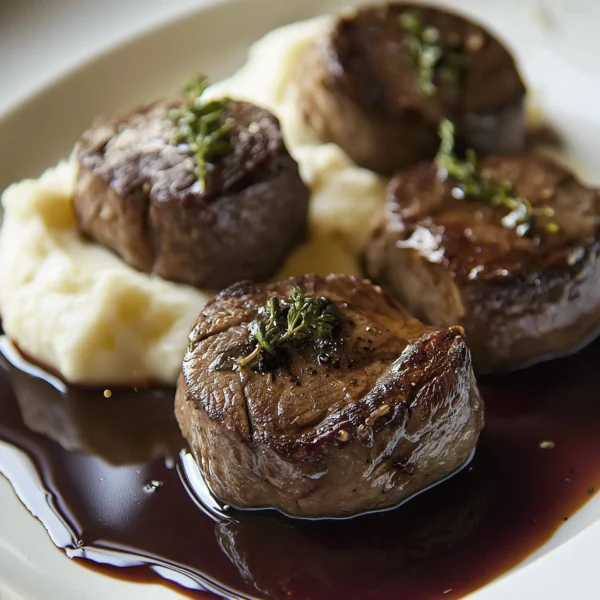 lamb noisettes, seared to a golden-brown crust with a tender, juicy interior, served on a white plate with a side of buttery mashed potatoes and a drizzle of red wine sauce