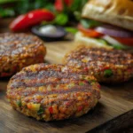 leek and chili burger patty, grilled to a perfect golden brown, served in a toasted whole-grain bun with fresh arugula, sliced chilies, and a spicy aioli