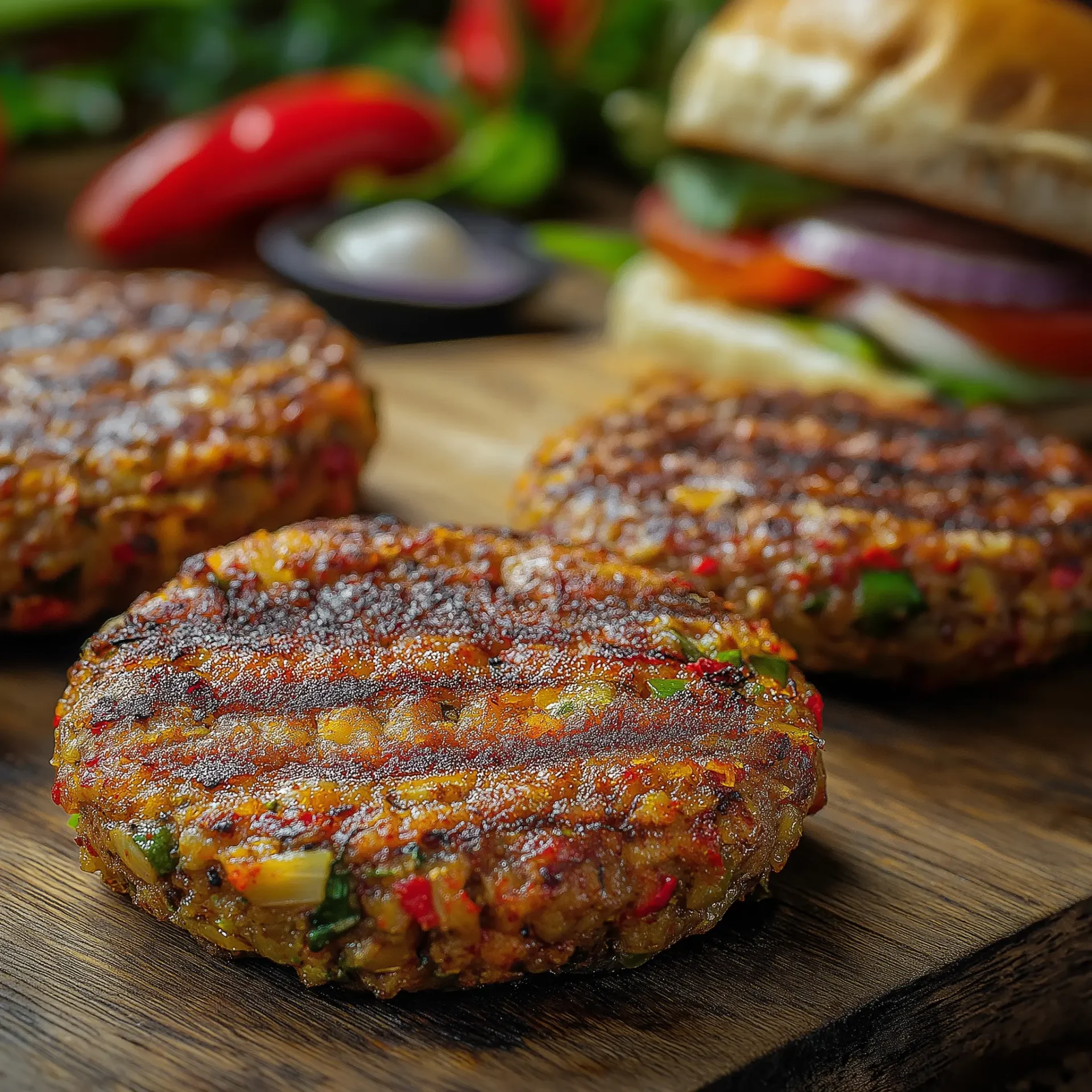 leek and chili burger patty, grilled to a perfect golden brown, served in a toasted whole-grain bun with fresh arugula, sliced chilies, and a spicy aioli