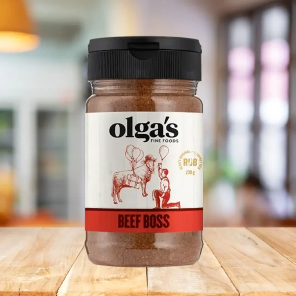 Image of Olga's Beef Boss Rub – a savoury seasoning mix with salt, pepper, and garlic, designed to enhance the flavour of beef and mushrooms, now offered by The Black Farmer in the UK