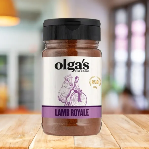 Image of Olga's Lamb Royale Rub – an aromatic herb seasoning with mint and rosemary, perfect for lamb, game meats, and vegetables, available at The Black Farmer in the UK