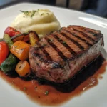 perfectly grilled rump steak, seared with visible char marks, served on a white plate with roasted vegetables and a side of mashed potatoes