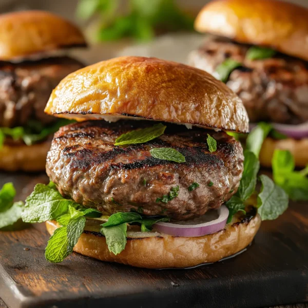 pork, lamb, and mint burger patty, grilled and served in a rustic bun, topped with fresh mint leaves, lettuce, and a dollop of yogurt sauce